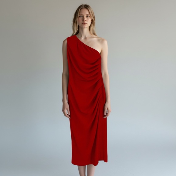 Dress the Population Dresses & Skirts - Dress The Population Martine One Shoulder Dress Size XS Red Ruched Midi Party
